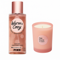Набір : парфумований спрей Victoria's Secret  Pink Warm & Cozy Body Mist 250 мл та ароматизована свічка 180 г - фото №1