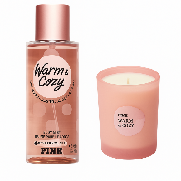 Набір : парфумований спрей Victoria's Secret  Pink Warm & Cozy Body Mist 250 мл та ароматизована свічка 180 г - фото №1