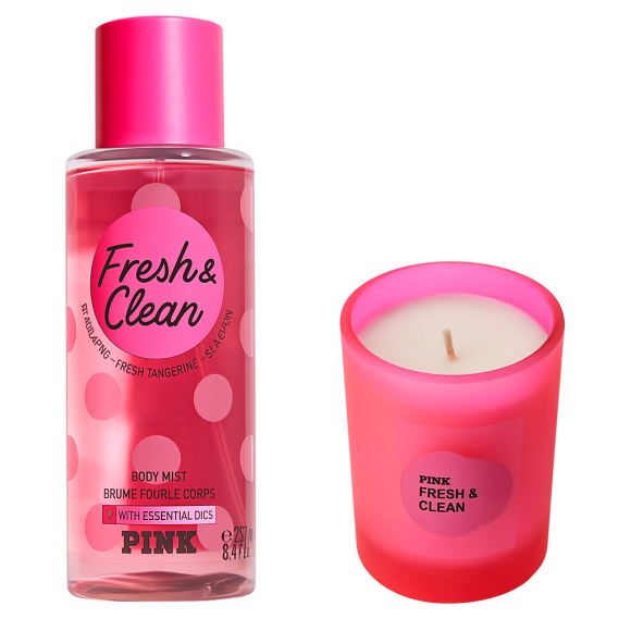 Набір : парфумований спрей Victoria's Secret Pink Body Mist fresh & clean 250 мл та ароматизована свічка 180 г - фото №1