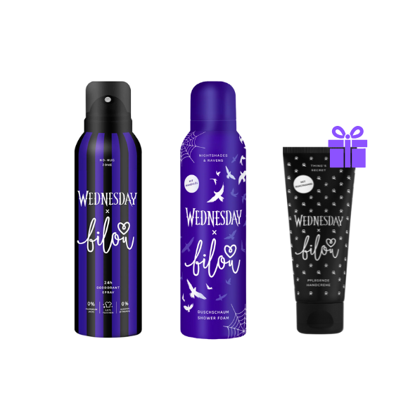 Набір - дезодорант спрей Bilou & Wednesday Deodorant Spray No-Hug Zone та Пінка для душу Bilou & Wednesday Nightshades & Ravens - фото №1