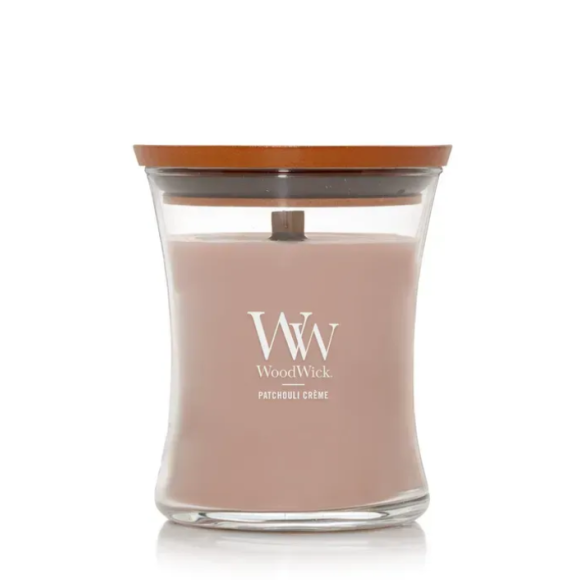 Ароматична свічка з  какао та копченим кашеміром Woodwick Medium Patchouli Crème 275 г - фото №1