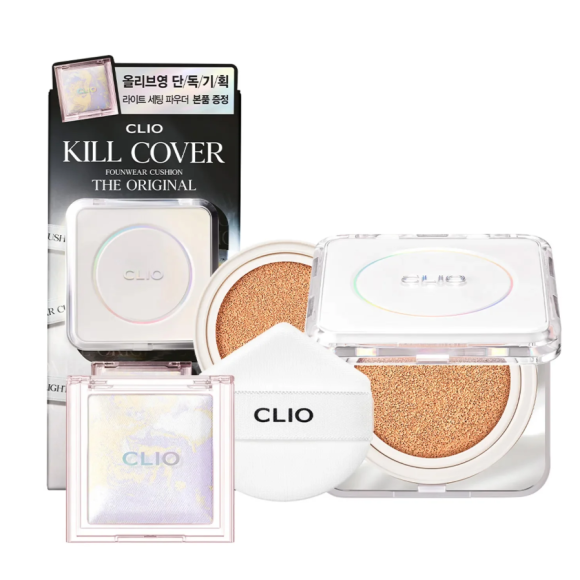 Набір: кушон з атласно-матовим фінішем + пудра-хайлайтер Clio Kill Cover Founwear Cushion The Original 19N Porcelain 15 мл - фото №1