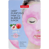 Киснева тканинна маска з екстрактом персика Purederm Deep Purifying Pink O2 Bubble Mask Peach - фото №1