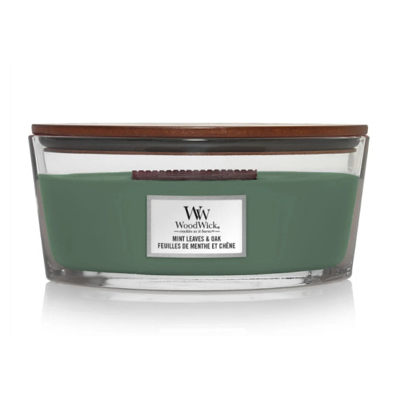 Ароматична свічка з нотами м'яти та дуба Woodwick Ellipse Mint leaves & Oak 453 г - фото №1