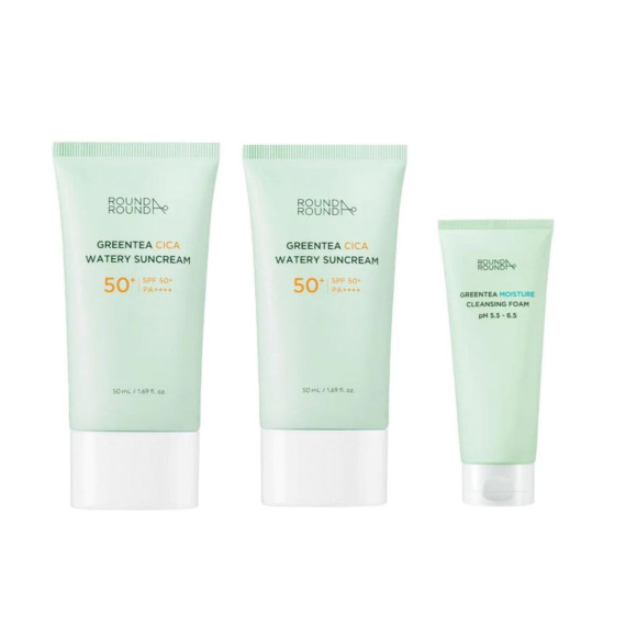 Набір сонцезахисний кремів+міні пінка Round A'Round Green tea Cica Watery Sun Cream Set - фото №1