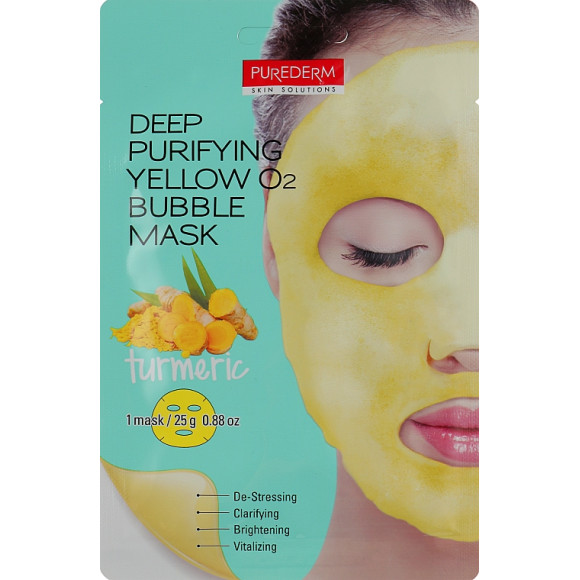 Киснева тканинна маска з екстрактом куркуми Purederm Deep Purifying Yellow O2 Bubble Mask Turmeric - фото №1